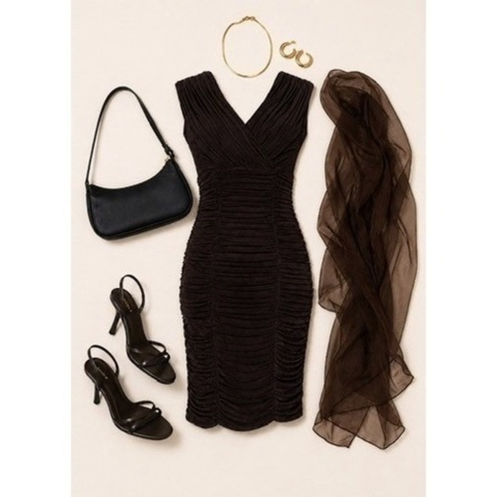 Vintage 90's Tadashi Women's Brown Ruched Bodycon Dress V-Neck Cocktail SizeXS